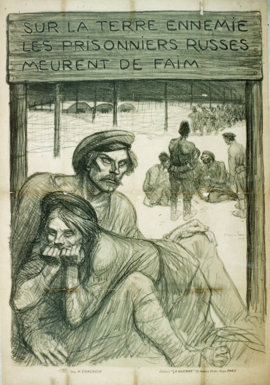 "على أرض العدو يموت الأسرى الروس من الجوع"، ملصق الحرب العالمية الثانية (مطبوعة حجرية) بواسطة المدرسة الفرنسية