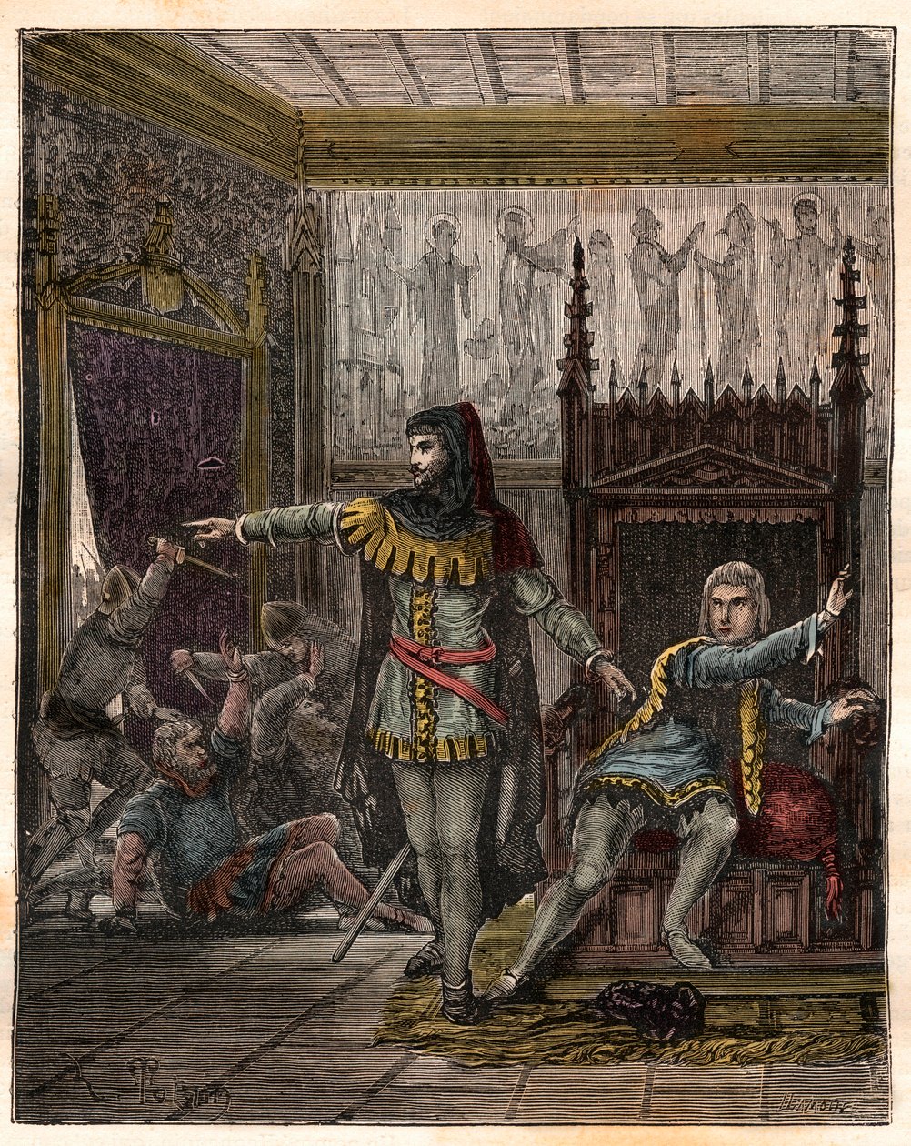 حرب المائة عام: "" الدلفين تشارلز (ثم تشارلز الخامس) (1338-1380) (أول دولفين لفرنسا) وإتيان مارسيل (1302 / 1310-1358) الذي قتل وزيرين (ماريشو) روبرت دي كليرمون وجان دي Conflans في غرفة الدلفين الفرنسي في بواسطة المدرسة الفرنسية