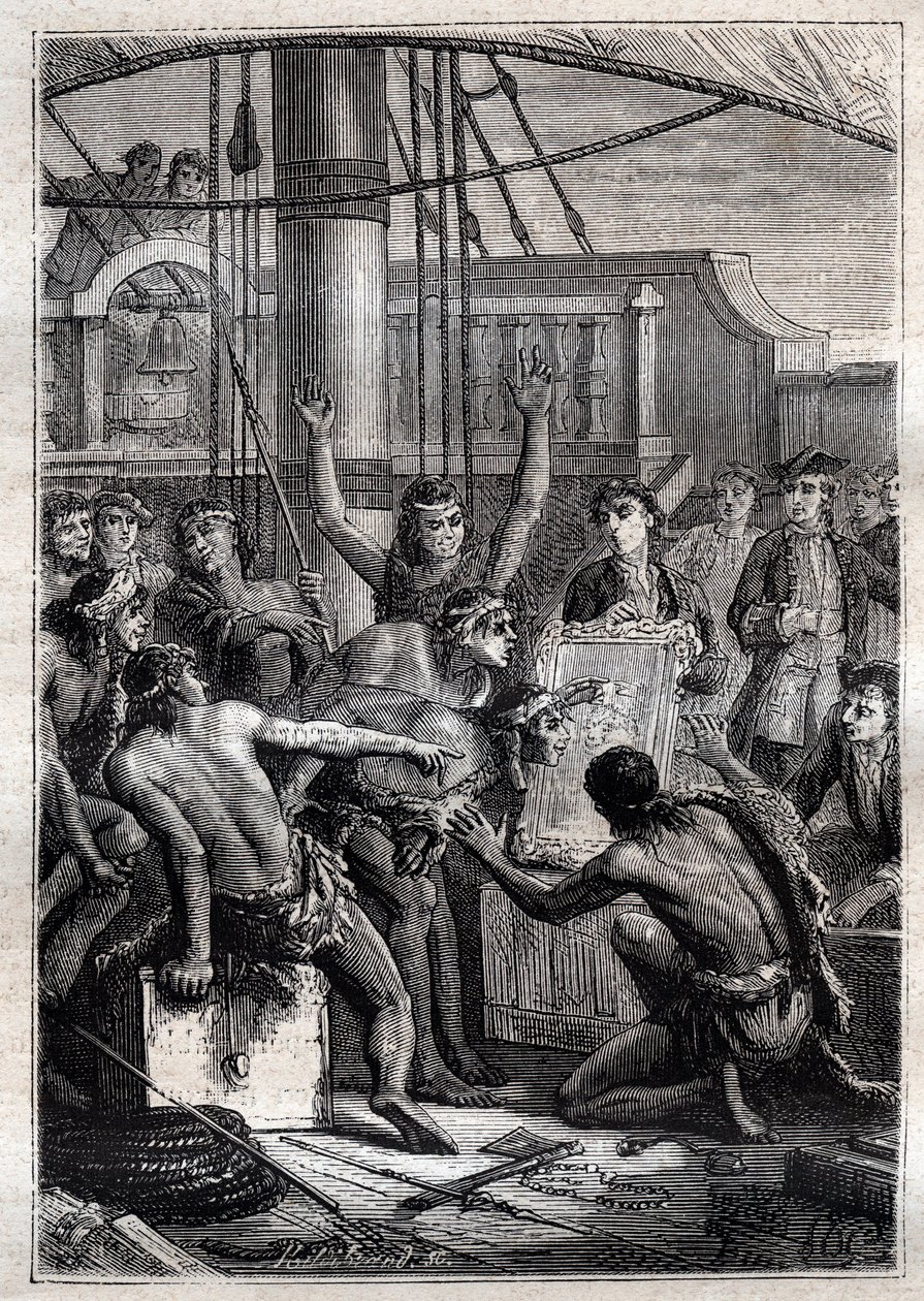 كانت المرآة فقط هي التي حصلت على الموهبة لإثارة دهشتهم: رحلة صموئيل واليس (1728-1795) في بولينيزيا - إنديجينيس إيتون بواسطة مرآة - رسم توضيحي مأخوذ من "البحارة العظماء في القرن الثامن عشر" بواسطة المدرسة الفرنسية