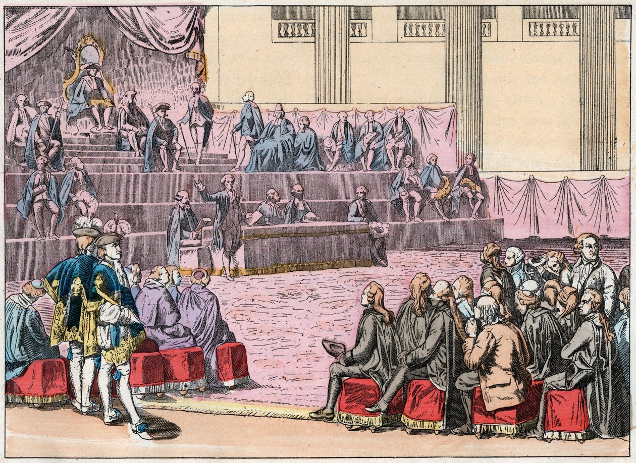 افتتاح العقارات العامة في فرساي في 5 مايو 1789 التي جمعت بين الطوائف الثلاثة (Clerge والنبلاء والدولة الثالثة) - افتتاح العقارات العامة ، 5 مايو 1789 - نقش نهاية القرن التاسع عشر في "" Nos رعايا خايرز بواسطة المدرسة الفرنسية