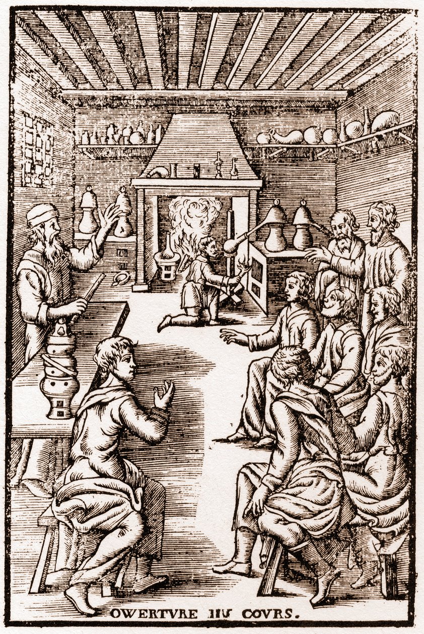 افتتاح دورة الكيمياء التحويلية - نقش 1653 في "" LE VRAY ET METHOD COURSES DE PHYSICS RESOLUTIVE "لأنيبال بارليت بواسطة المدرسة الفرنسية