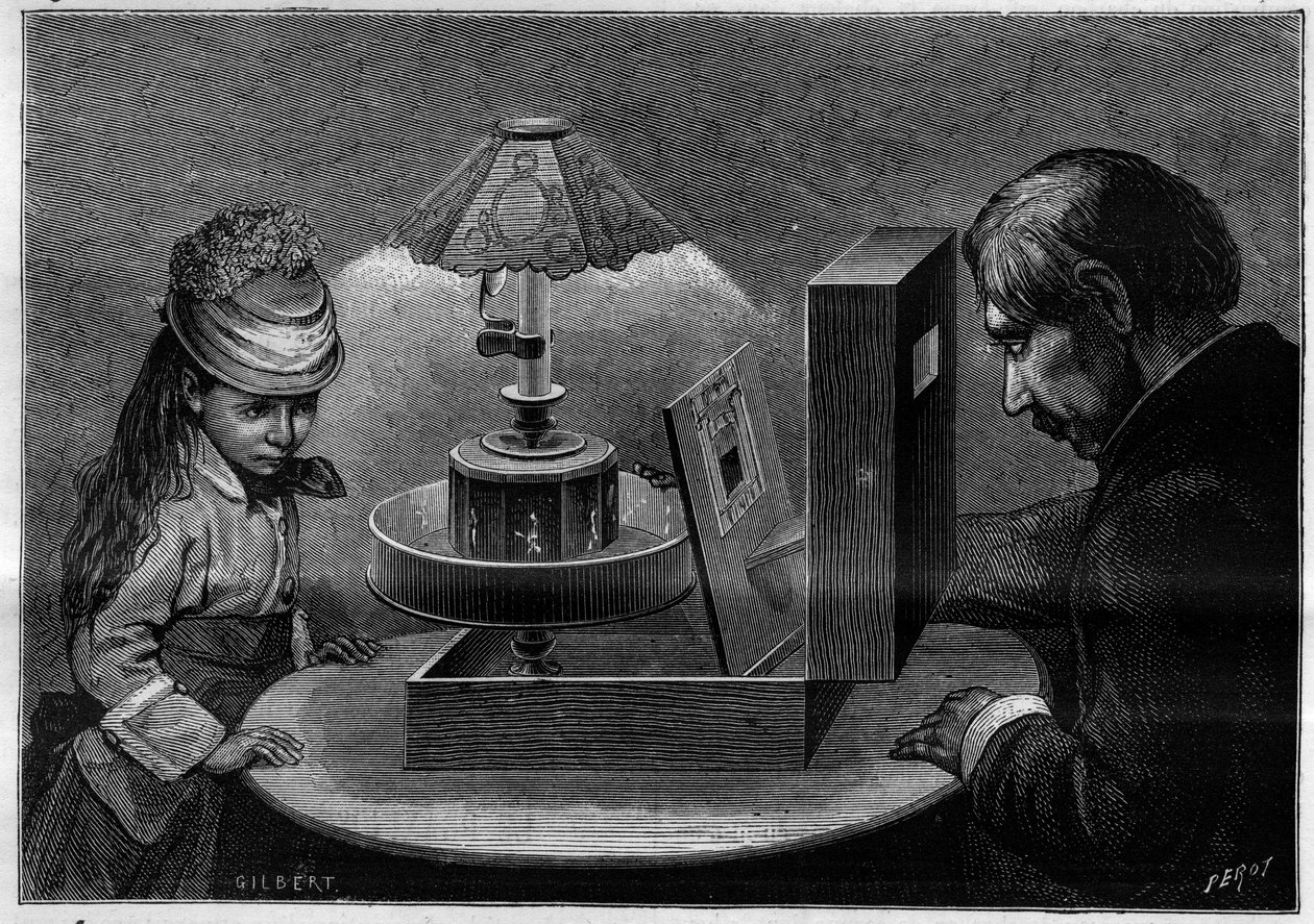 الوهم البصري: مسرح praxinoscope ، جهاز اخترعه إميل رينود (1844-1918). النقش في "" الطبيعة. مجلة العلوم وتطبيقاتها في الفنون والصناعة " بواسطة المدرسة الفرنسية