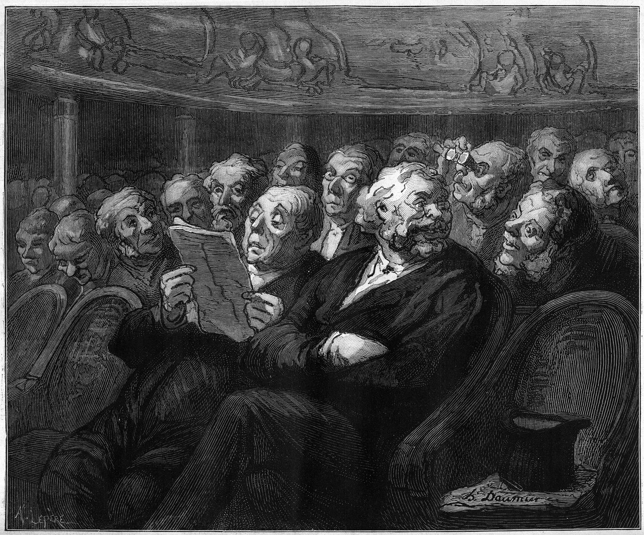 كراسي الأوركسترا. كارتون من قبل هونور دومير (1808-1879). نقش في "" Le Monde Illustré "" رقم 1101 بتاريخ 4 مايو بواسطة المدرسة الفرنسية