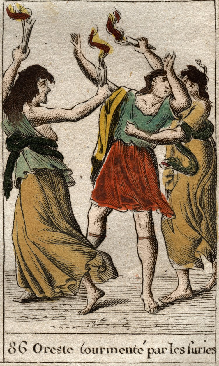 يلاحق Orestes من قبل Erinyes (أو Furies) للانتقام من وفاة والده Agamemnon بقتل والدته Clytemnestra). من "أساطير الشباب" بيير بلانشارد 1803. بواسطة المدرسة الفرنسية