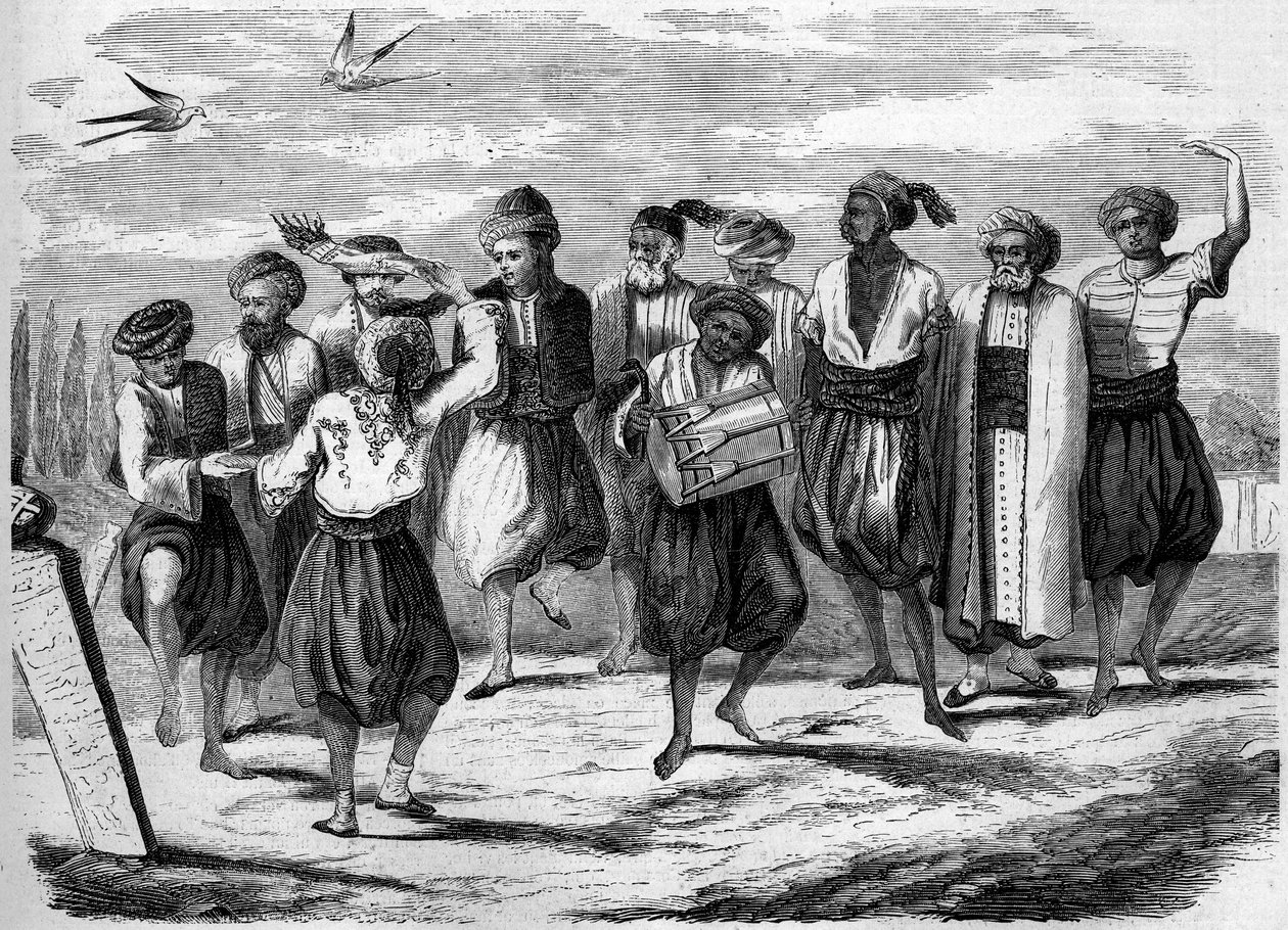 العيد الأرثوذكسي: رقصات عيد الفصح اليوناني في ميدان الموتى الكبير في القسطنطينية. نقش في "" Le Monde Illustré "" رقم 52 بتاريخ 10 أبريل 1858. بواسطة المدرسة الفرنسية