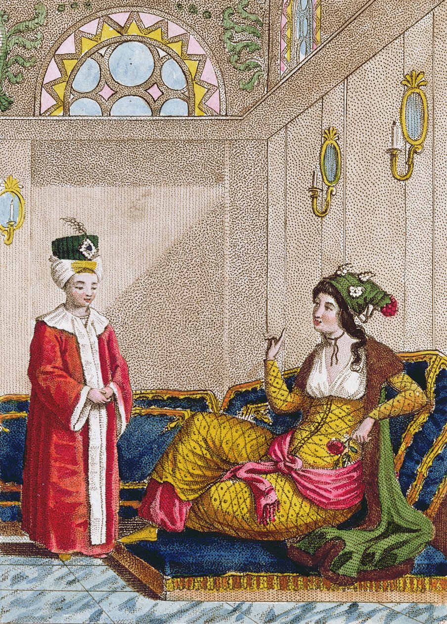 ولي العهد العثماني مع سلطانة المفضلة لديه ، 1813 ج (نقش الألوان) بواسطة المدرسة الفرنسية