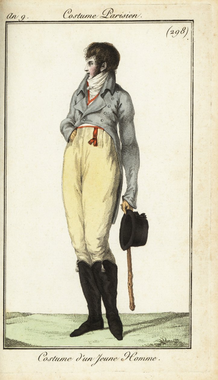 Outfit of a young man or Incroyable, May 1801 (handcoloured copperplate engraving) بواسطة المدرسة الفرنسية