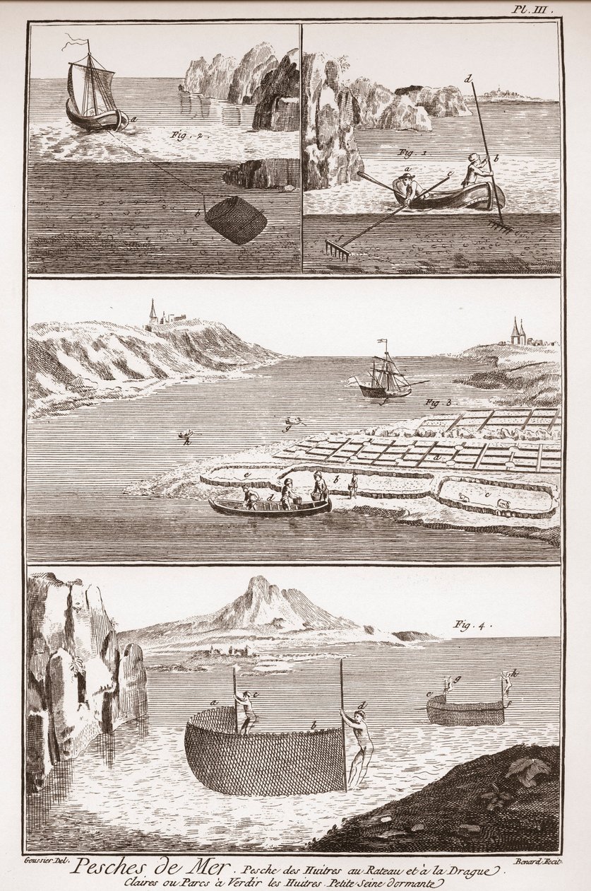 صيد المحار - "The Great Encyclopedie، ou Dictionnaire Raisonne des Sciences، des Arts et des Metiers" (موسوعة أو قاموس العلوم والفنون والمهن) بقلم دينيس ديدرو (1713-1784) وجان دالمبيرت (1717-1783) . بواسطة المدرسة الفرنسية