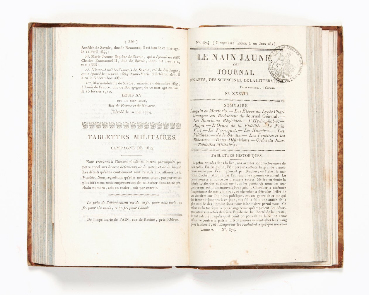 صفحة من "Le Nain Jaune" أو "Journal des Arts، des Sciences et de la Littérature" ، العدد 374 ، 20 يونيو 1815 (ورق مطبوع) بواسطة المدرسة الفرنسية