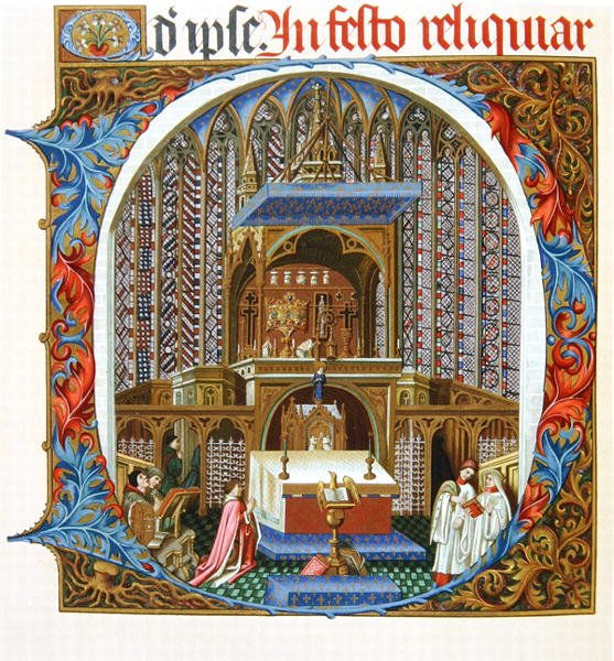 صفحة من نسخة طبق الأصل من "Missel de Jouvenel des Ursins" مع حرف "D" مبدئي تاريخي يصور عرض الآثار في Sainte-Chapelle ، باريس في القرن الخامس عشر (litho الملون) بواسطة المدرسة الفرنسية
