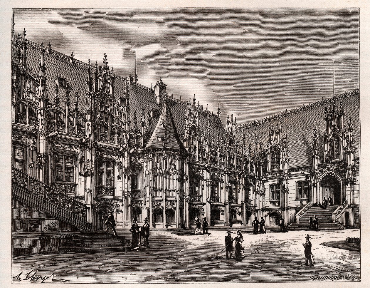 Palais de Justice de Rouen البرلمان السابق لنورماندي - نقش في "France illustree: الجغرافيا والتاريخ والإدارة الإحصائية" بقلم VA Malt-Brown. 1884 بواسطة المدرسة الفرنسية