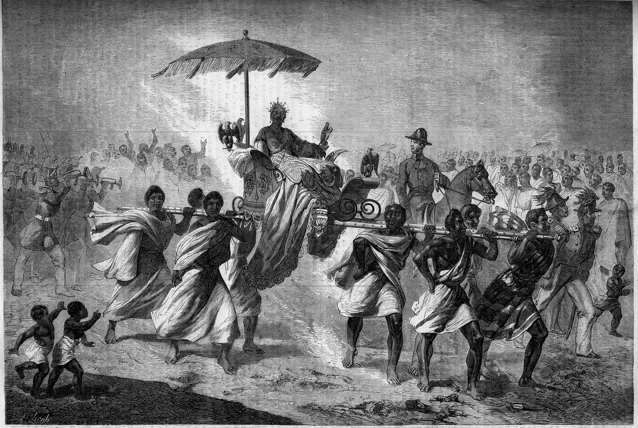 Palanquin Walk of the Queen of Madagascar Raboude (Rasoherina) (1818-1868) ، زوجة Radama II. نقش في "" Le Monde Illustré "" رقم 303 بتاريخ 31 يناير بواسطة المدرسة الفرنسية