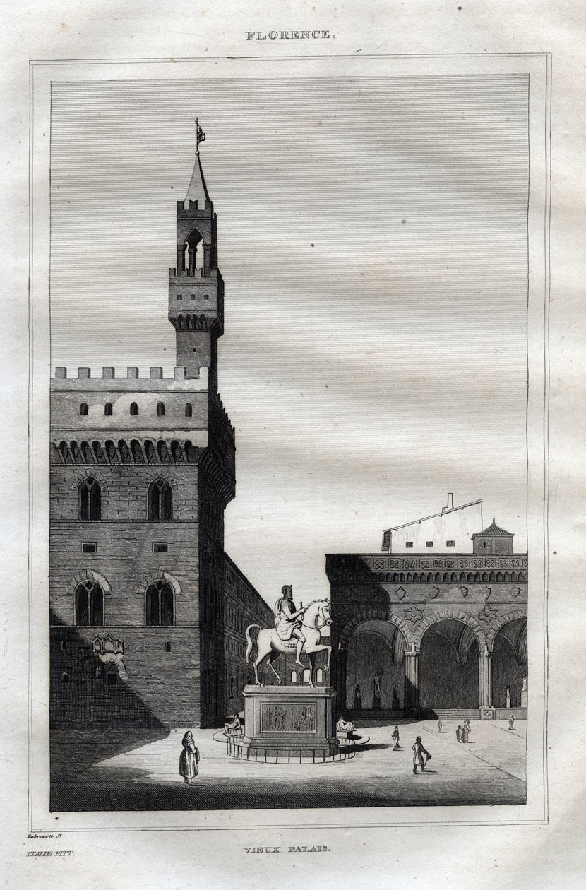 Palazzo vecchio in Florence - Piazza della Signoria - نقش من "" إيطاليا الخلابة "- رسم تاريخي ووصفي لإيطاليا" بواسطة M. de Norvins، Ch. نودير 1834-1836. بواسطة المدرسة الفرنسية