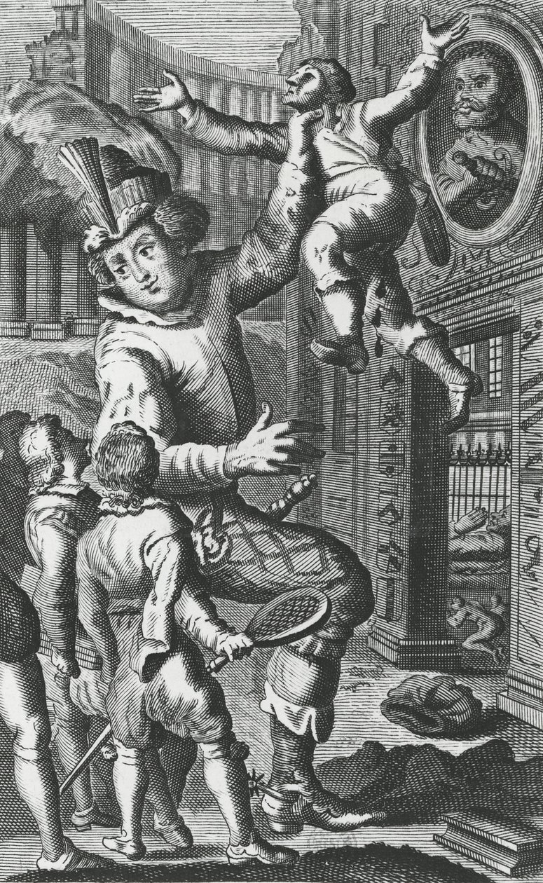 بانتاجرويل يمسك ليموزين من حلقه ، رسم توضيحي من "Gargantua and Pantagruel" بقلم فرانسوا رابليه (نقش) بواسطة المدرسة الفرنسية