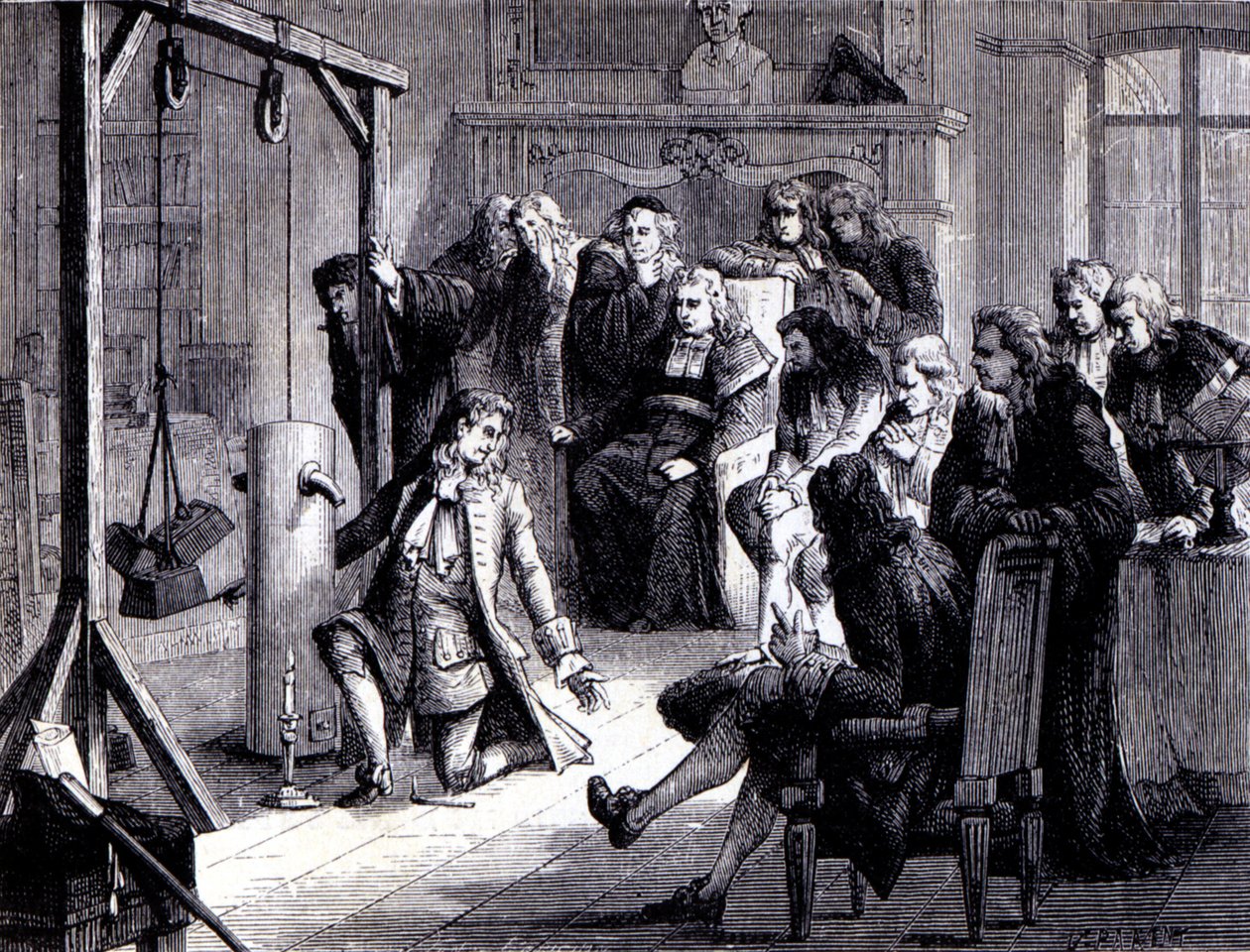 Papin (1647 - 1714) experiments with his powder machine before the professors of the University of Marburg - in “Album of Science; illustrious scientists; Great discoveries””” 1896. بواسطة المدرسة الفرنسية