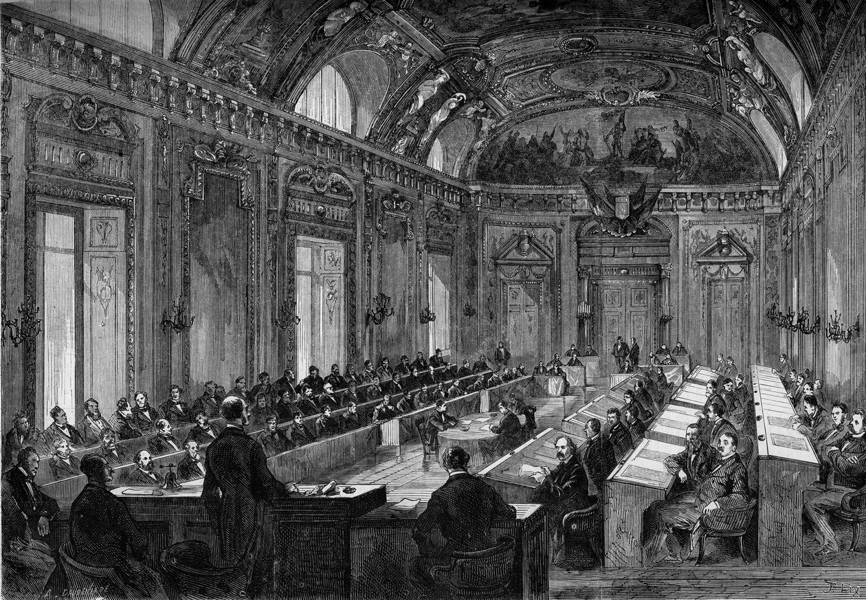 باريس ، 4 أغسطس 1871: الاجتماع الأول للمجلس البلدي في قاعة العرش بقصر لوكسمبورغ. نقش في "" Le Monde Illustré "" رقم 748 بتاريخ 12 أغسطس 1871. بواسطة المدرسة الفرنسية