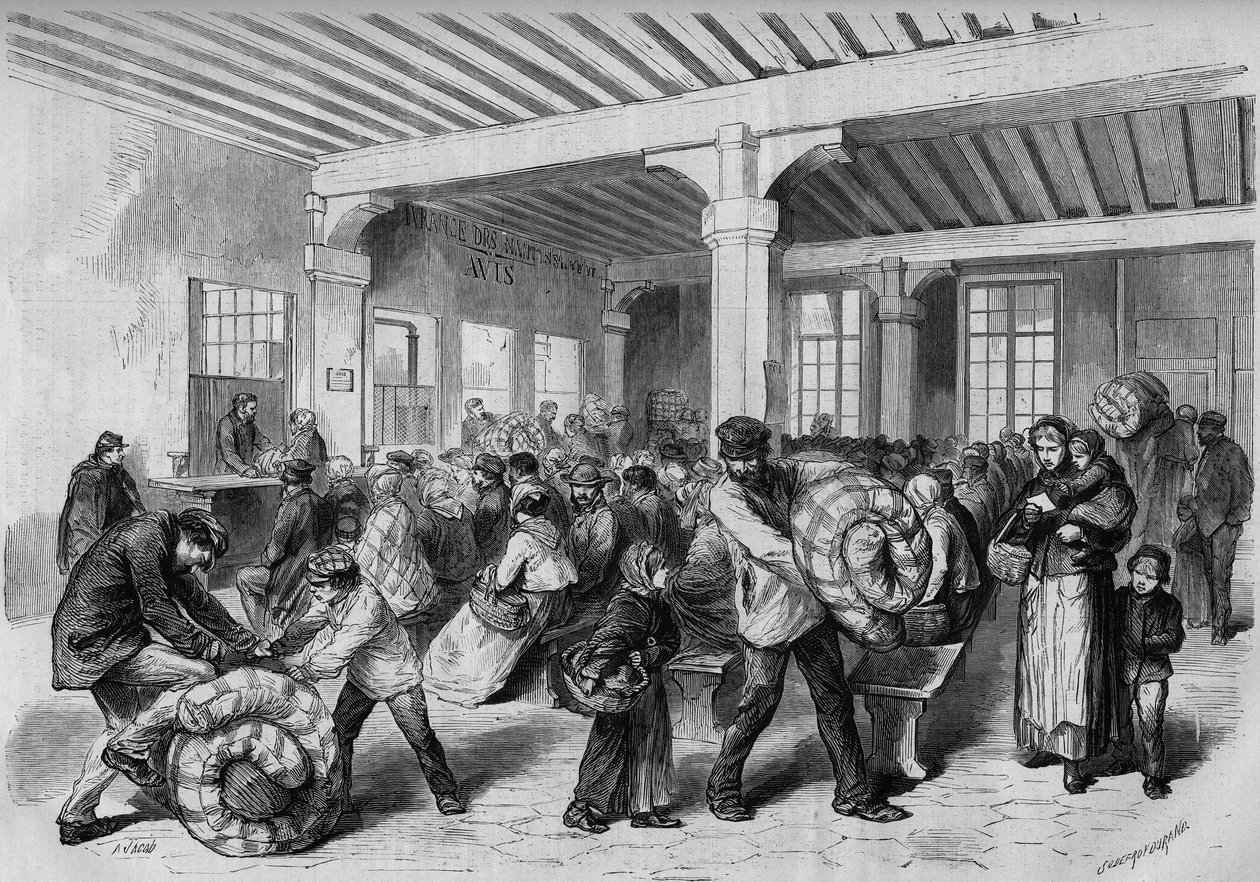 باريس ، شتاء 1868: مجموعة مجانية من الملابس والمفروشات في Mont de Piete (Mont-de-Piete) بفضل المساعدة المالية للإمبراطور نابليون الثالث. نقش في "لوموند إلوستري" رقم 563 بتاريخ 25 يناير 1868. بواسطة المدرسة الفرنسية