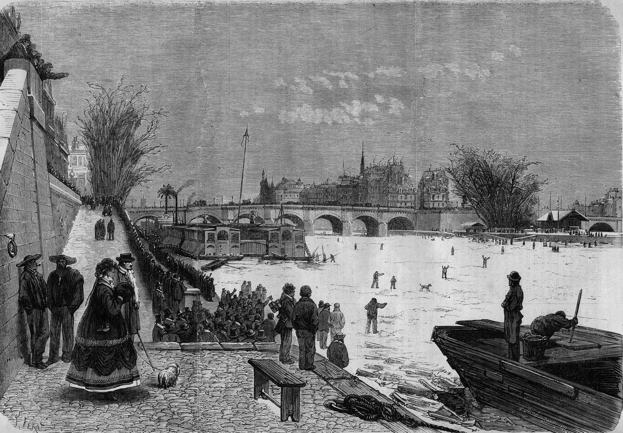باريس ، شتاء 1868: نهر السين المتجمد. منظر للنهر من بونت نيوف. نقش في "لوموند إلوستري" رقم 561 بتاريخ 11 يناير 1868. بواسطة المدرسة الفرنسية
