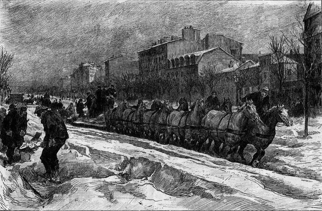باريس تحت الجليد ، شتاء 1879-1880: محراث الجليد (مطاردة الثلج) في Boulevard Montparnasse. نقش في "" Le Monde Illustré "" رقم 1188 بتاريخ 3 يناير بواسطة المدرسة الفرنسية