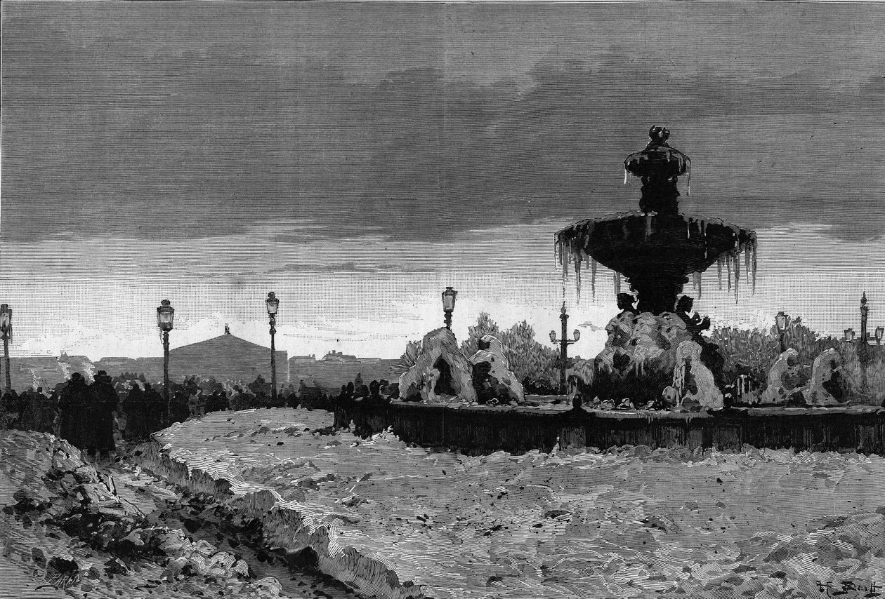 باريس تحت الجليد ، شتاء 1879-1880: منظر لأحد نوافير ساحة الكونكورد أثناء الصقيع. نقش سكوت في "" The Illustrous World "رقم 1188 بتاريخ 3 يناير بواسطة المدرسة الفرنسية