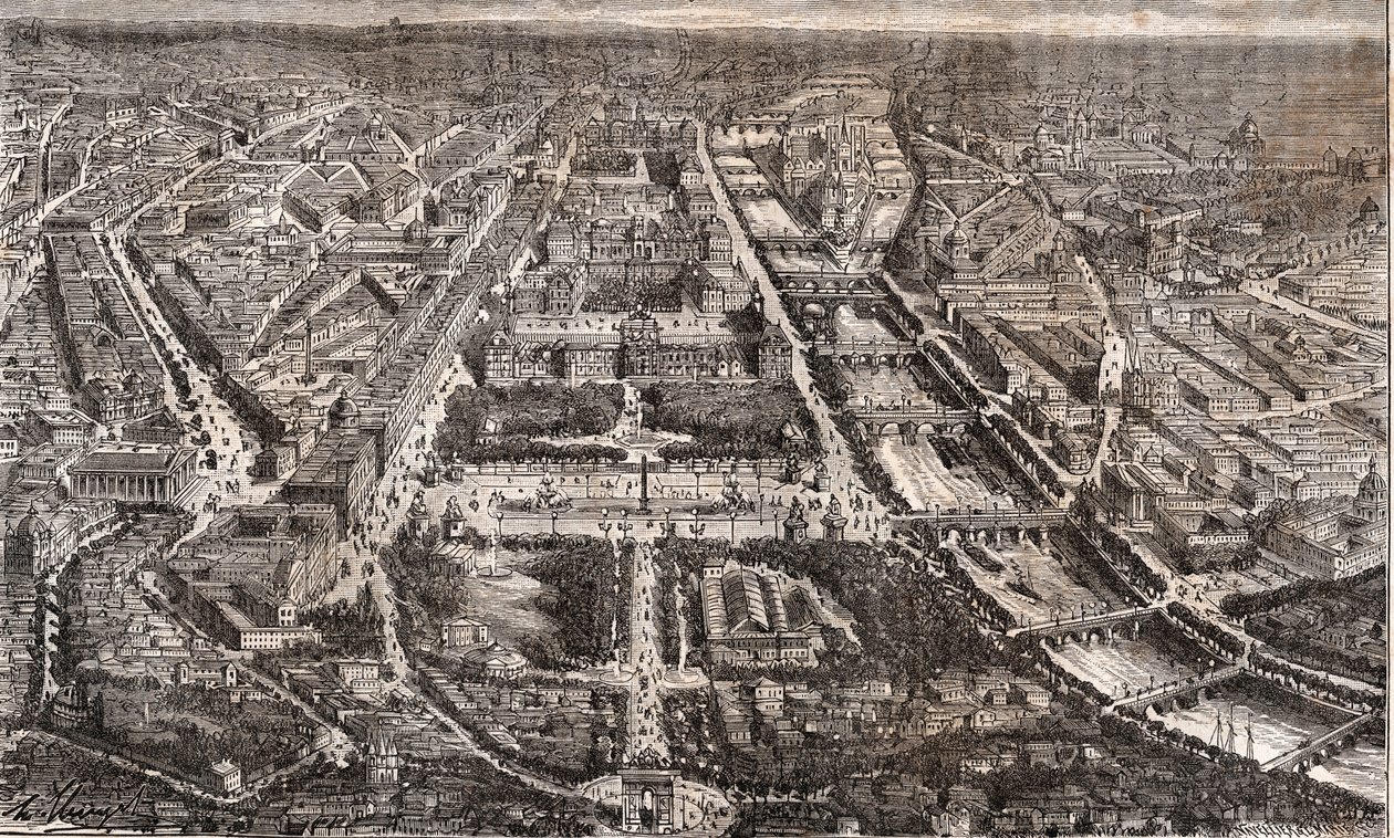 تُرى باريس من قوس النصر - شارع ريفولي ونهر السين - نقش في "La France illustrie: الجغرافيا والتاريخ والإدارة الإحصائية" بقلم VA Malt-Brown. 1884 بواسطة المدرسة الفرنسية
