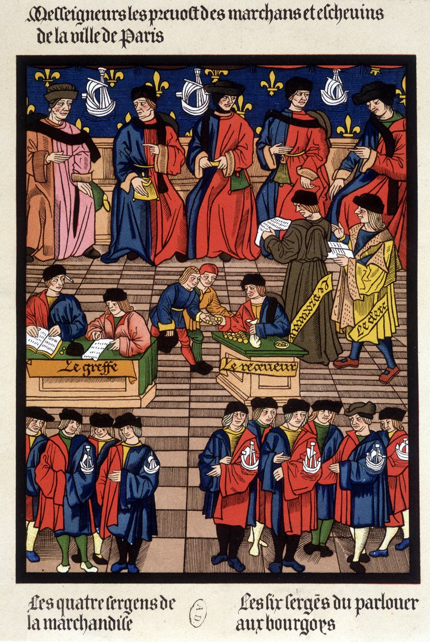 Parisian commercial traffic: the prevotes of merchants and echevins, the transplant, the receiver, the prosecutor, the clerk, the goods sergeants... - facsimile of a miniature of the Middle Ages بواسطة المدرسة الفرنسية
