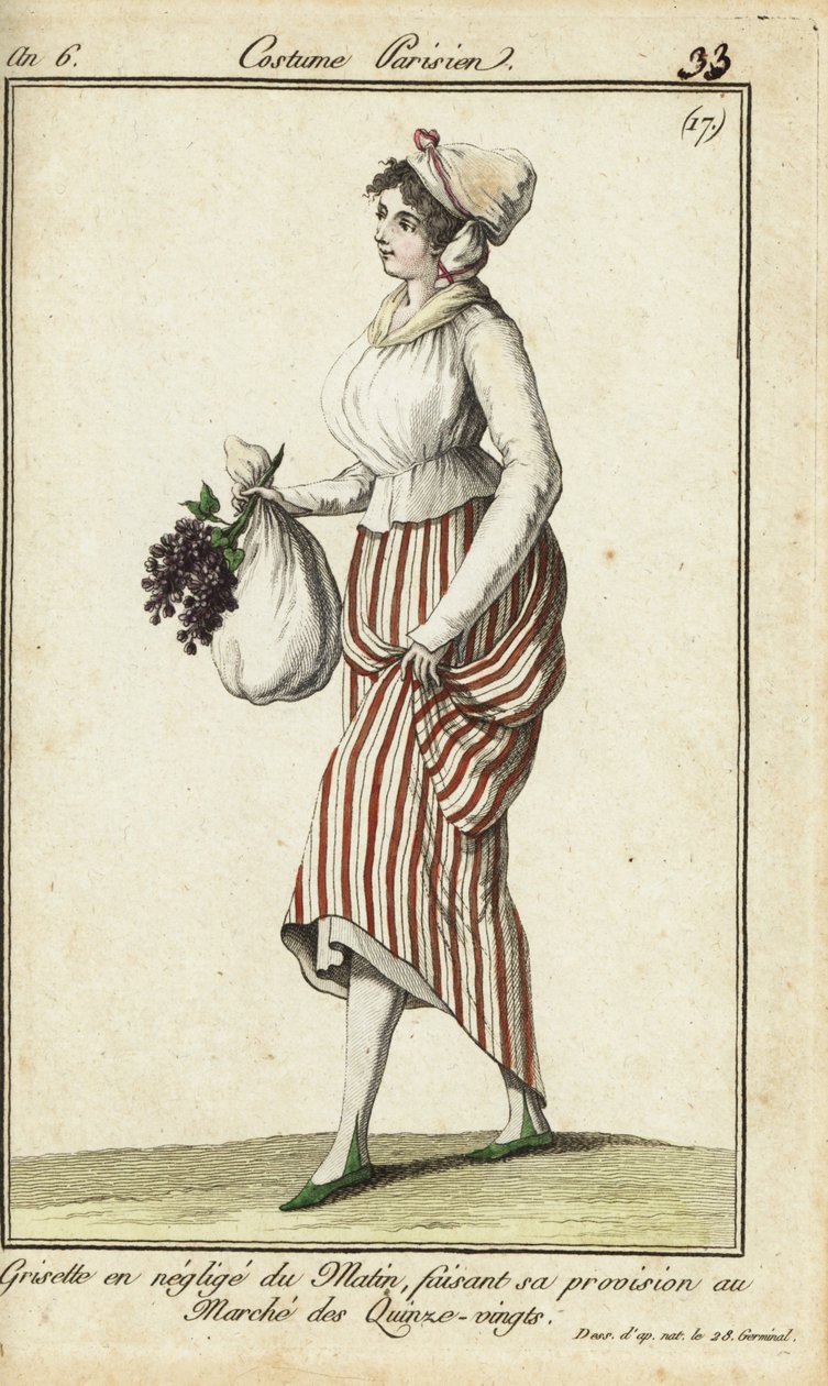 فتاة متجر باريسية في ثوب صباحي غير رسمي ، 26 مارس 1798 (نقش على لوح نحاسي ملون يدويًا) بواسطة المدرسة الفرنسية