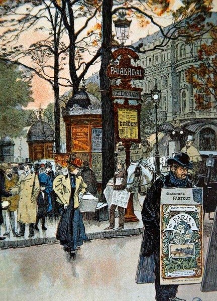 مشهد الشارع الباريسي بالقرب من محطة مترو القصر الملكي ، حوالي 1900 (لون ليثو) بواسطة المدرسة الفرنسية