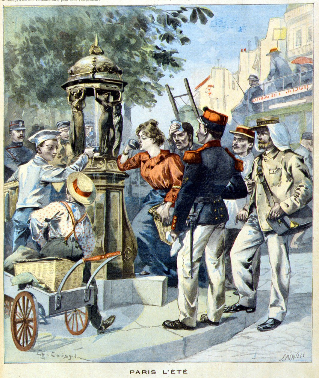 الباريسيون يشربون حول نافورة والاس - في "Le Petit Journal" بتاريخ 19/08/1900 (نقش) بواسطة المدرسة الفرنسية