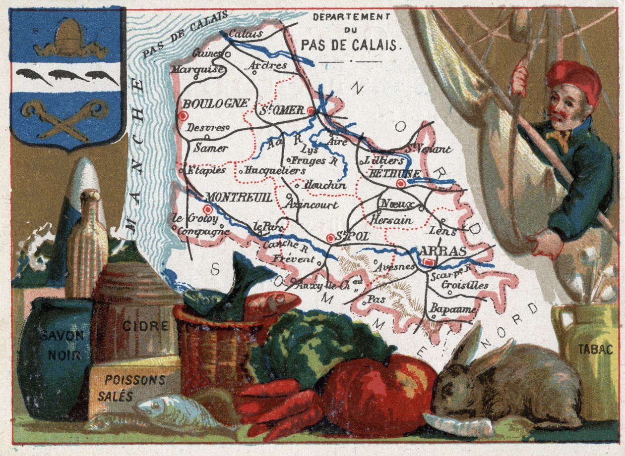 Pas de Calais (62) ، Nord Pas de Calais (Nord-Pas-De-Calais) ، فرنسا. التخصصات المحلية: الصابون الأسود والأسماك القذرة وعصير التفاح والتبغ. سلسلة عن الأقسام الفرنسية. الطباعة الحجرية الملونة (Chromo) "" الخيط الجغرافي "" ، حوالي عام 192 بواسطة المدرسة الفرنسية