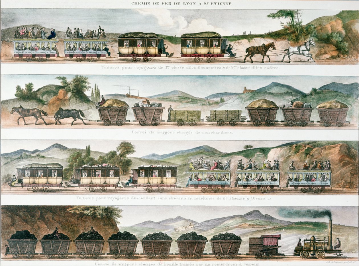 تم فتح الركاب والشحن على الخط الفرنسي الأول بين ليون وسانت اتيان ، 1829 (لون ليثو) بواسطة المدرسة الفرنسية