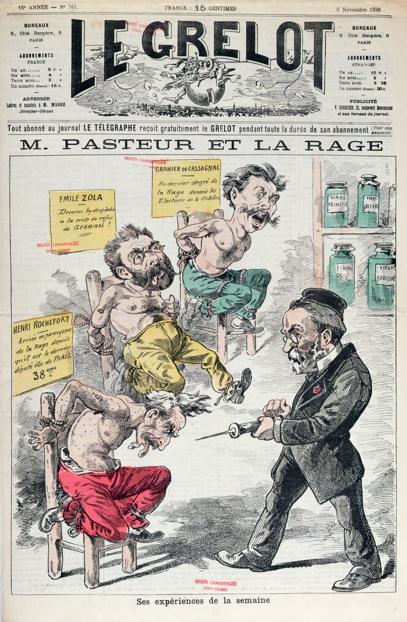 باستور وداء الكلب ، كاريكاتير لتجارب لويس باستور (1822-1895) من لو غريلوت ، 8 نوفمبر 1885 بواسطة المدرسة الفرنسية