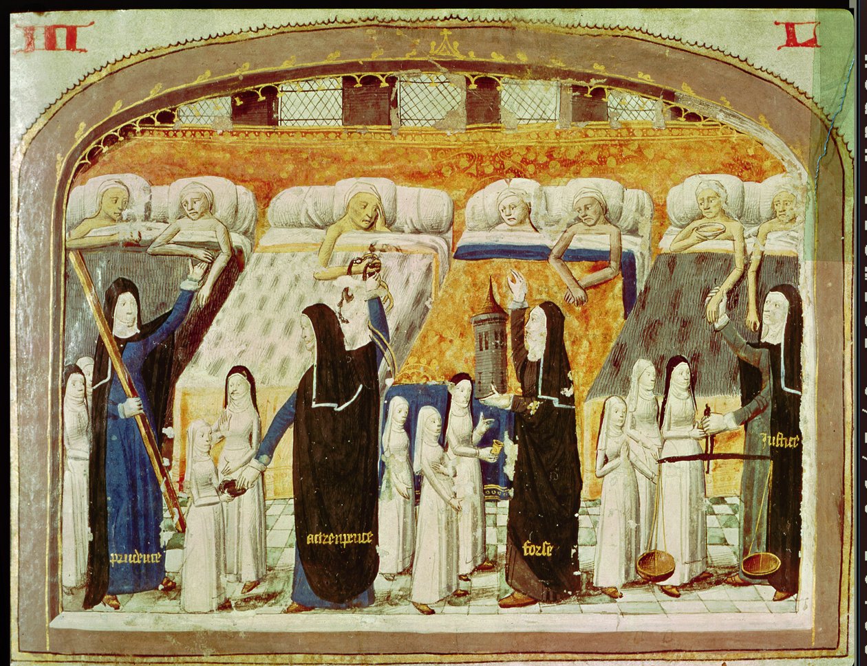 المرضى والراهبات في مستشفى Hotel Dieu في باريس ، من Le Livre de Vie Active de lHotel Dieu by Jean Henry ، c.1482 بواسطة المدرسة الفرنسية