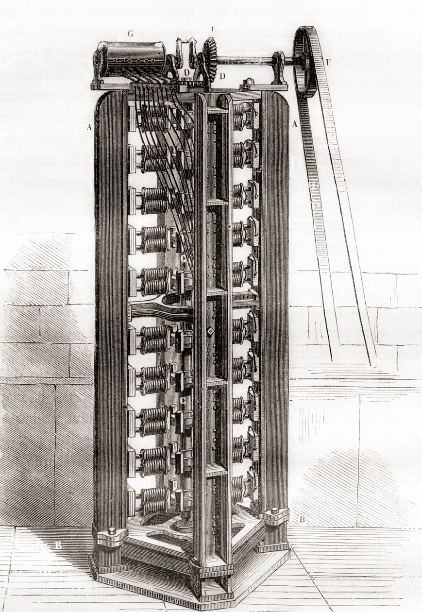 محرك كهربائي عمودي بول غوستاف فرومنت ، حوالي عام 1844 ، من Les Merveilles de la Science ، تم نشره حوالي عام 1870 (نقش) بواسطة المدرسة الفرنسية