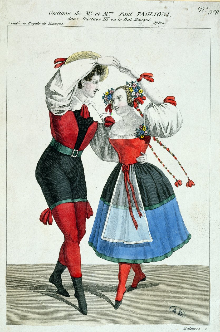 بول تاجليوني (1808-1884) وزوجته آنا جالستر يرقصان في غوستاف الثالث ، c.1830 بواسطة المدرسة الفرنسية