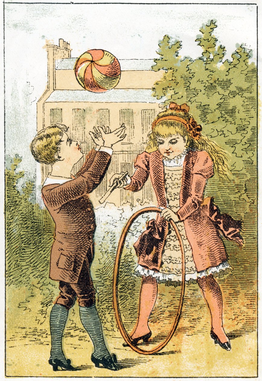 بول يلعب الكرة ولويز يلعب الطوق - في "Alphabet des petits savants" ، أواخر القرن التاسع عشر (chromolithograph) بواسطة المدرسة الفرنسية