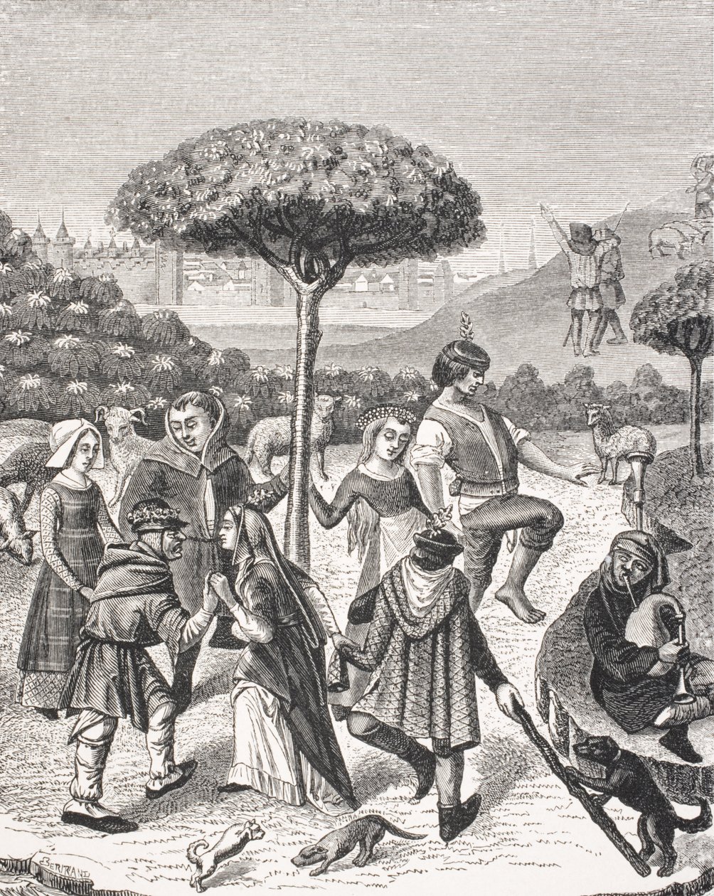رقصات الفلاحين في أعياد مايو ، بعد صورة مصغرة في كتاب صلاة من القرن الخامس عشر ، من "Le Moyen Age et La Renaissance" بقلم بول لاكروا (1806-1884) نشر عام 1847 بواسطة المدرسة الفرنسية