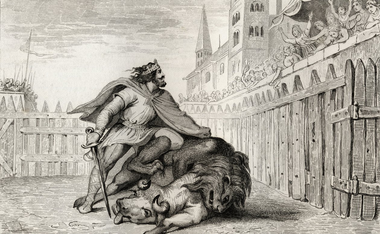 Pepin III (714-68) The Short with the Lion and the Bull، from &39;Histoire de France&39; بواسطة Colart، تم نشره عام 1840 بواسطة المدرسة الفرنسية