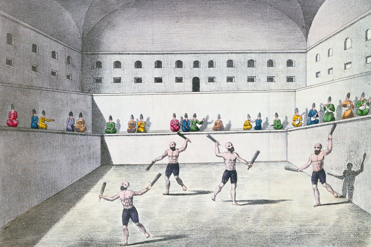 رياضيون فارسيون يمارسون الرياضة في صالة الألعاب الرياضية ، حوالي 1820 (نقش الألوان) بواسطة المدرسة الفرنسية