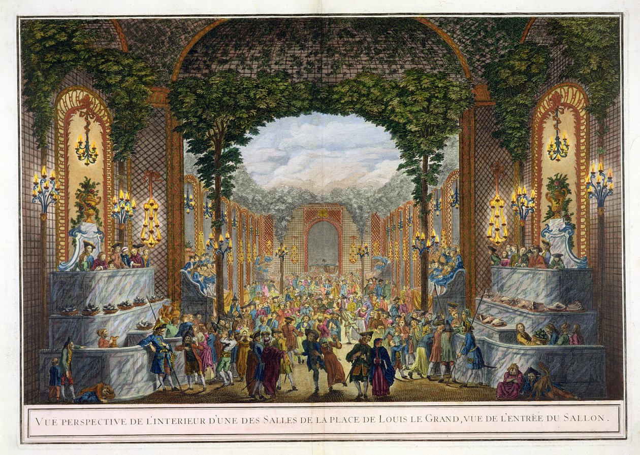 عرض منظوري لواحدة من غرف Place de Louis le Grand ، منظر لمدخل الصالون (نقش الألوان) بواسطة المدرسة الفرنسية