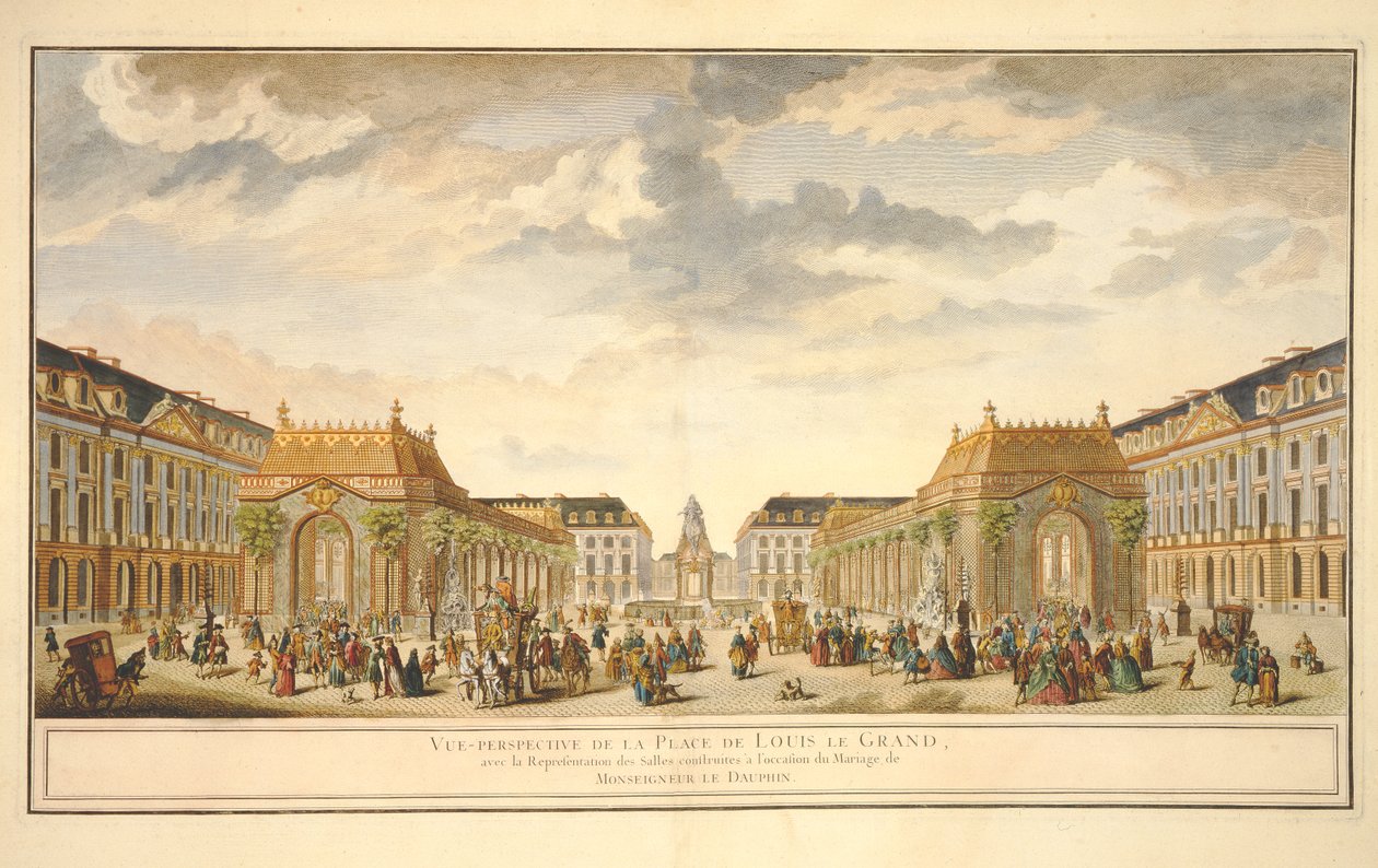عرض منظوري لساحة لويس دي جراند مع الغرف التي شيدت بمناسبة زواج Monseigneur le Dauphin (نقش ملون) بواسطة المدرسة الفرنسية