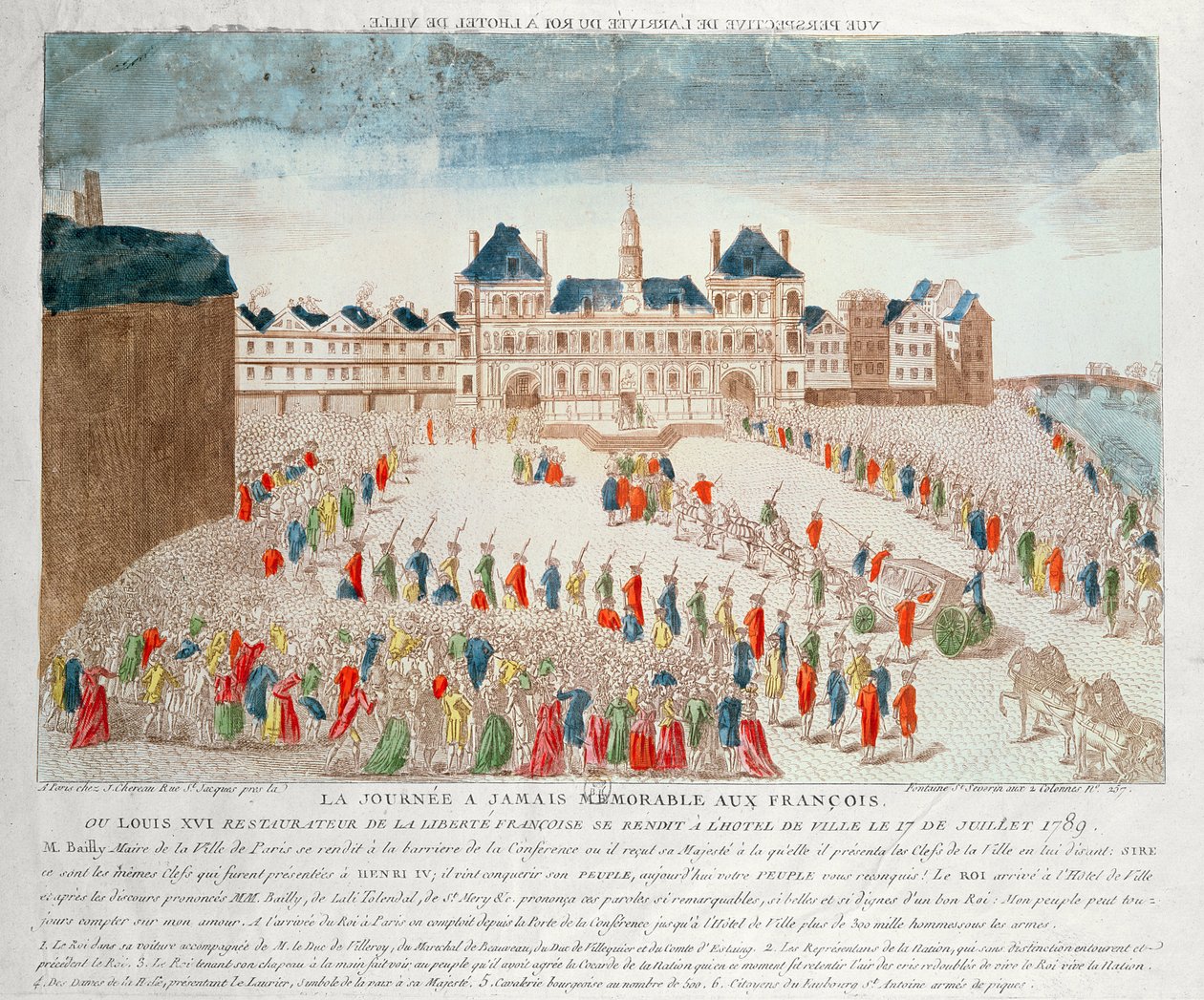 نظرة منظورية لوصول لويس السادس عشر (1754-93) إلى فندق دي فيل ، 17 يوليو 1789 بواسطة المدرسة الفرنسية