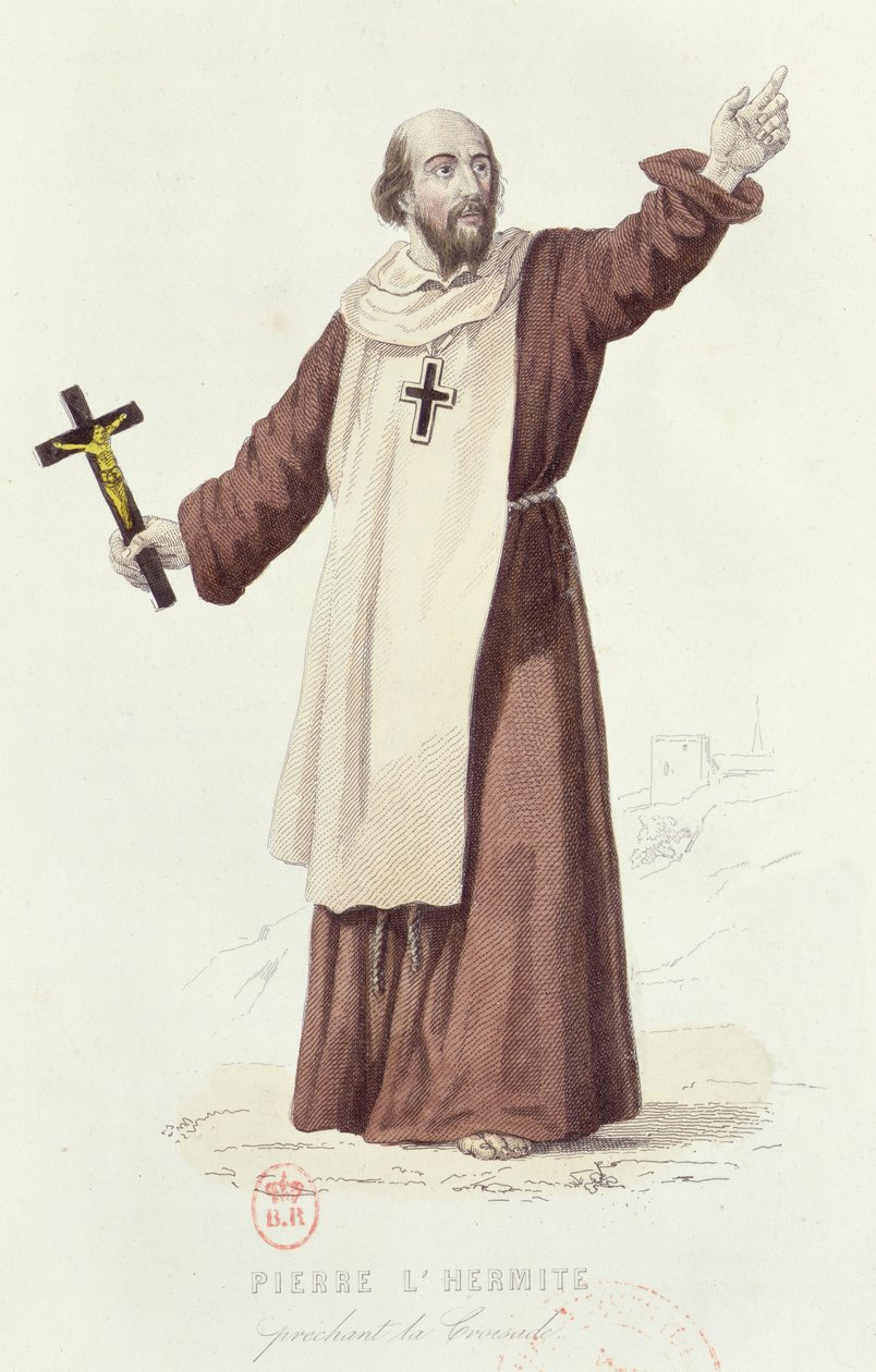 بطرس الناسك (c.1050-1115) يكرز بالحملة الصليبية الأولى عام 1095 ، 1840 (نقش الألوان) بواسطة المدرسة الفرنسية