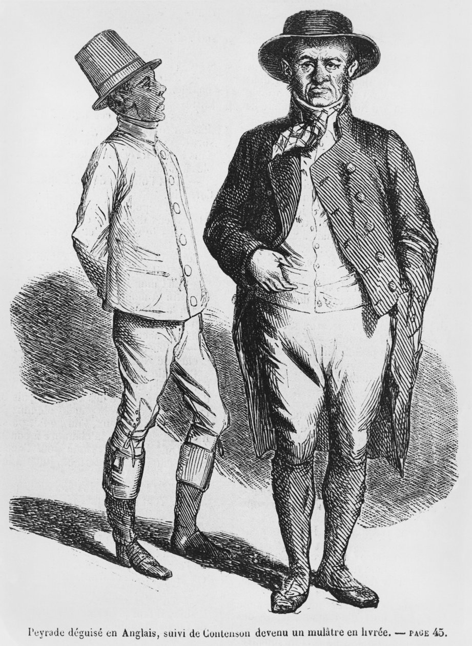 Peyrade متنكرا في زي رجل إنجليزي وكونتنسون كخادم مولاتو ، توضيح من Splendeurs et Miseres des Courtisanes بواسطة Honore de Balzac ، تم نشره عام 1867 بواسطة المدرسة الفرنسية