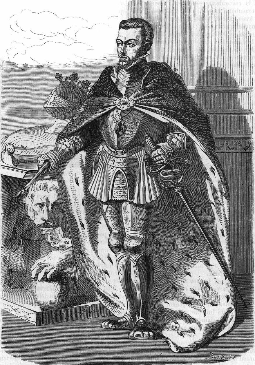 فيليب الثاني (1527-1598) ملك إسبانيا. في "" التاريخ الشعبي لفرنسا "" ، sd. حوالي عام 1885. نقش. بواسطة المدرسة الفرنسية