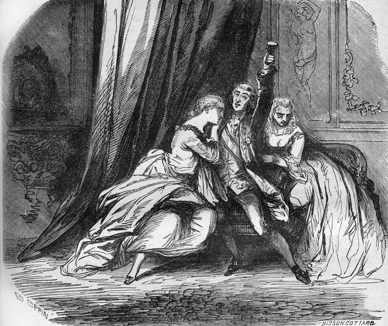فيليب الثاني دوق أورليانز (الوصي) (1674-1723) وابنتيه ماري لويز إليزابيث دورلينز (1695-1719) ولويز أديلايد دي شارتر ، وكلاهما سادة والدهما. نقش من "تاريخ الدعارة والفساد في جميع الشعوب بواسطة المدرسة الفرنسية