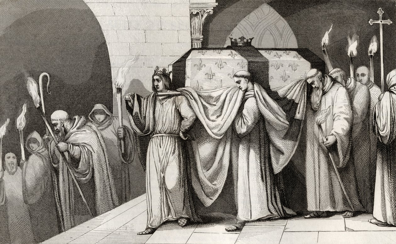 فيليب الثالث (1245-85) يساعد بولد في حمل نعش والده ، من "هيستوار دي فرانس" من قبل كولارت ، نُشر عام 1840 بواسطة المدرسة الفرنسية