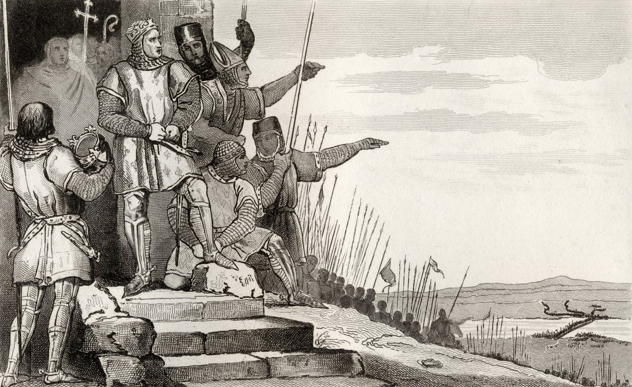 فيليب الثاني أوغست (1165-1223) يفوز في معركة Bouvines بعد الصلاة ، من `` Histoire de France &39;&39; بواسطة Colart ، تم نشره عام 1840 بواسطة المدرسة الفرنسية