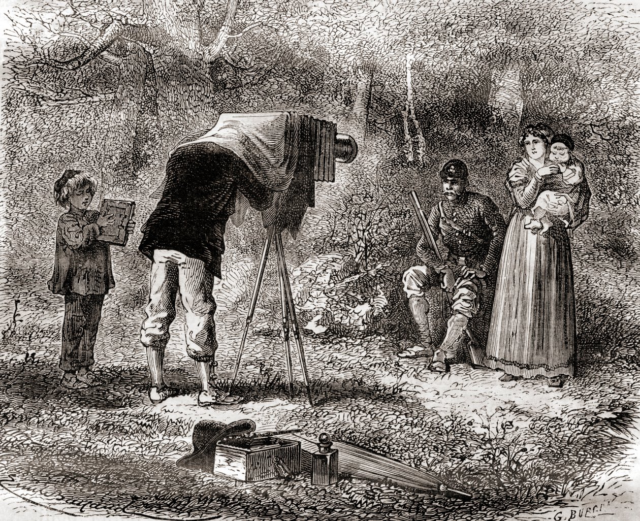 التصوير الفوتوغرافي في القرن التاسع عشر ، من Les Merveilles de la Science ، نُشر عام 1870 (نقش) بواسطة المدرسة الفرنسية