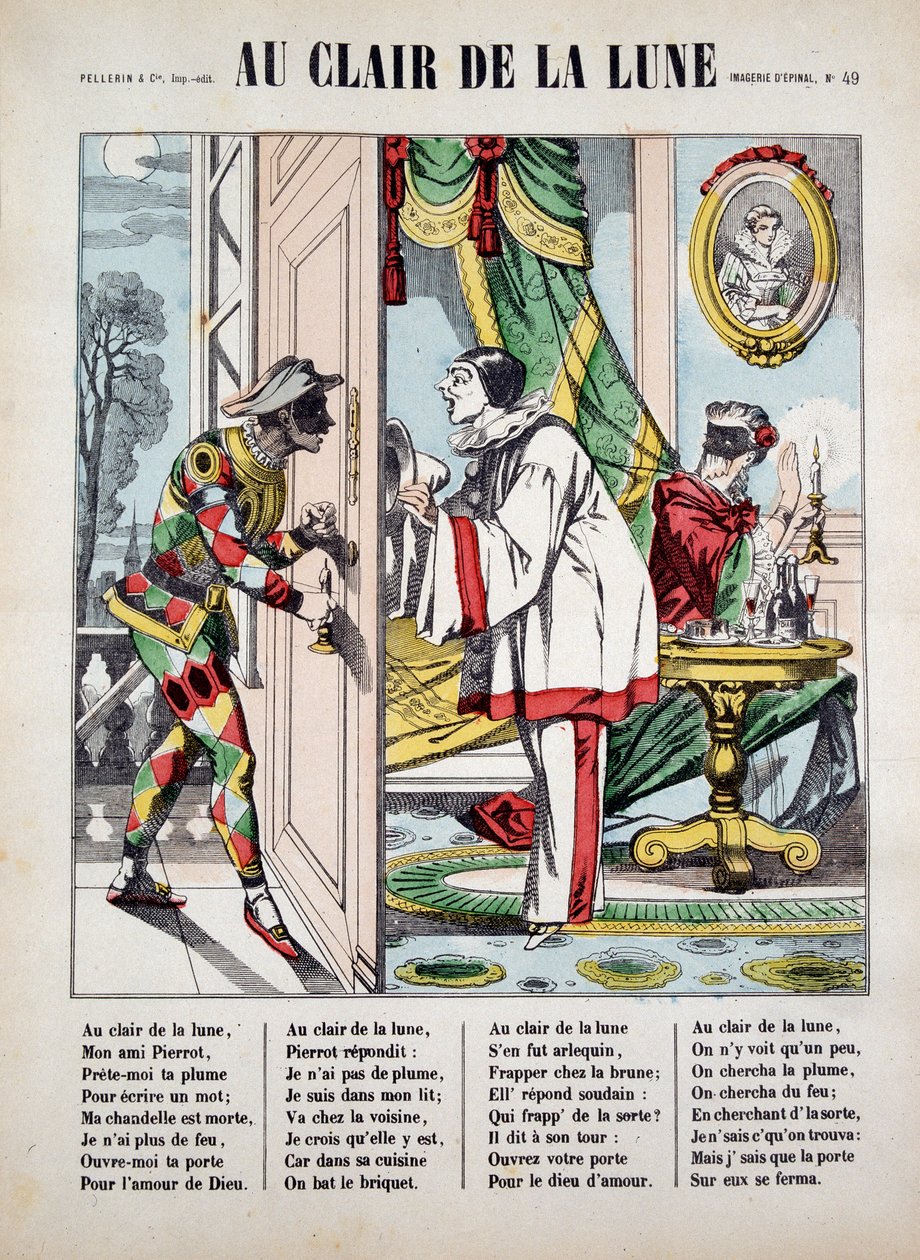 Pierrot, Harlequin and the neighbor, ill. of the song “Au clair de la lune”, image of Epinal بواسطة المدرسة الفرنسية